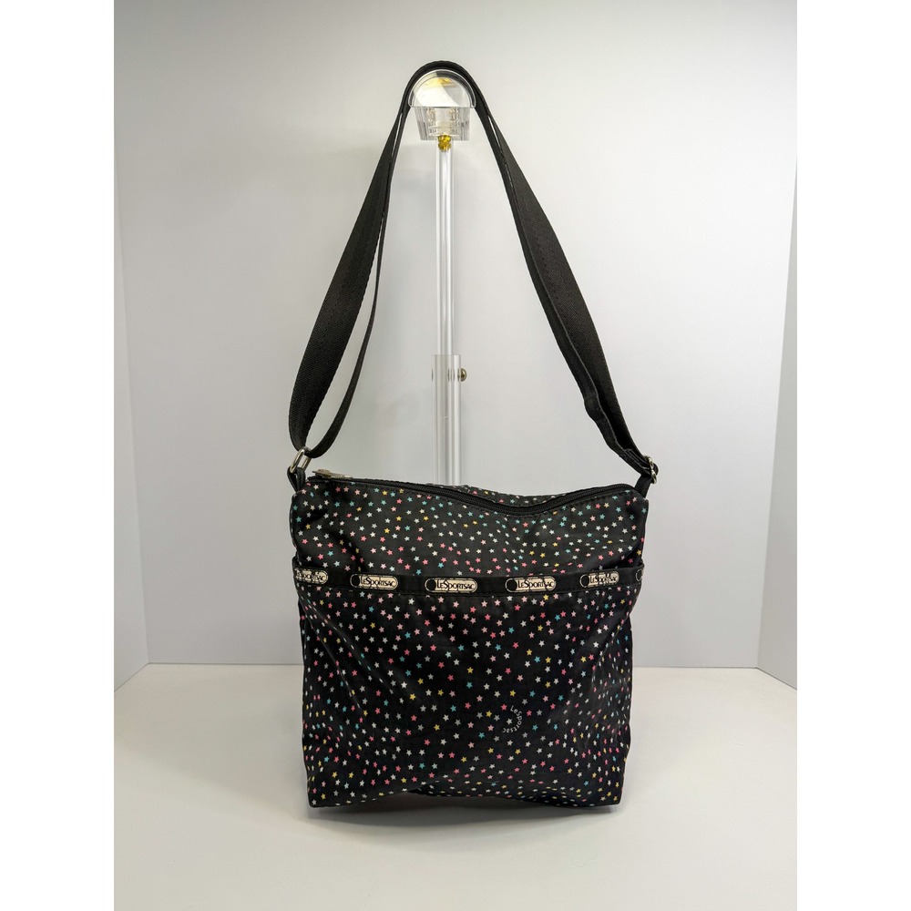 LeSportsac Deluxe Everyday Bag Black Multi Color Star Print Nylon Crossbody